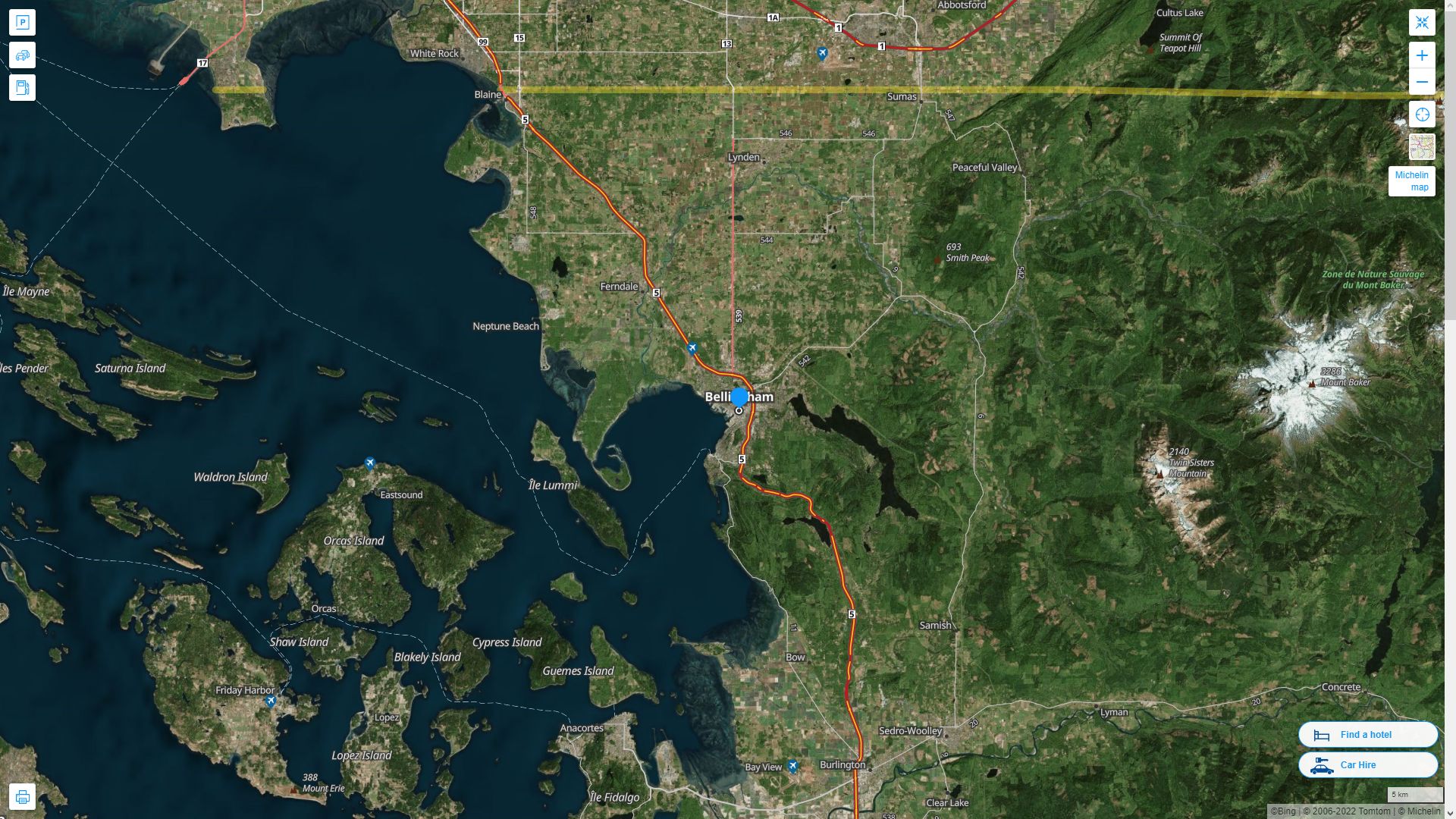 Bellingham Washington Highway and Road Map with Satellite View